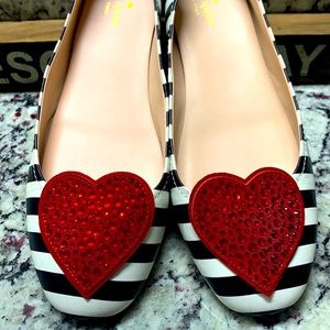 Kate Spade Black and White Stripped Red Heart Beaded Flats | 10M
